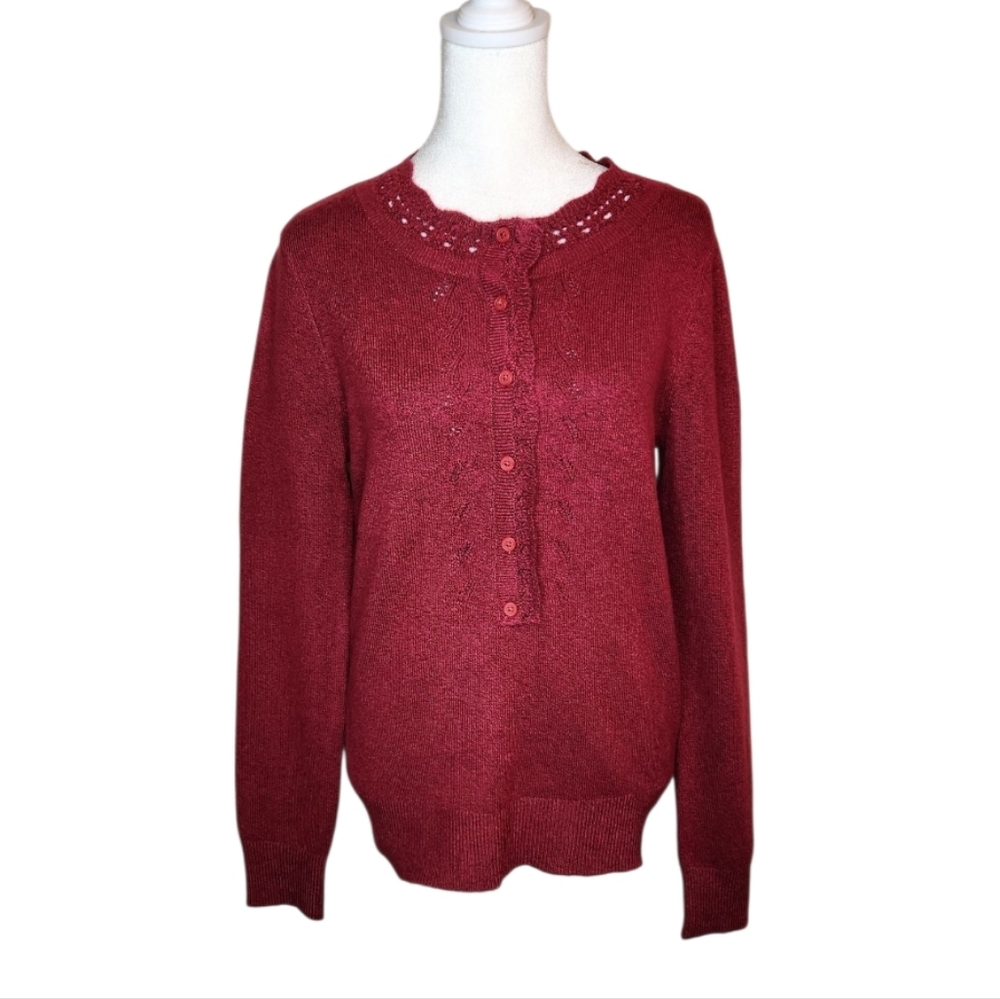 NEW Loft Scalloped Henley Pointelle Heathered Wine Sweater Size Small